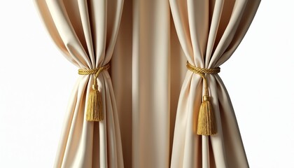 Beige curtains with gold tassel rope tiebacks on white background. Elegant fabric drapery, classic home decor detail. Smooth texture, ornate embellishment for luxury interiors.