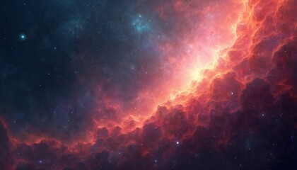 Naklejka premium Vibrant abstract cosmic nebula with swirling clouds of red, blue, purple, pink. Geometric triangle patterns interlace within stellar background, creating futuristic, mystical atmosphere with bright