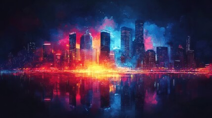 Vibrant night city skyline reflected in water, dramatic colors, abstract clouds. Use wallpaper, desktop, background
