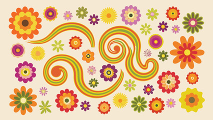 A collection of colorful flowers and swirling lines on a cream colored background in a flat design style