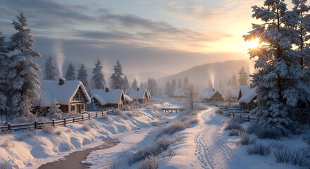 Peaceful winter village with snow-covered log cabins and smoking chimneys at golden sunrise.