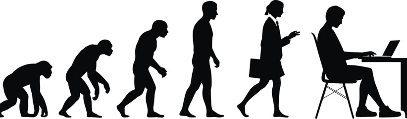 Evolution of human from ape to modern businesswoman working on laptop, professional progress, technology advancement, silhouette isolated on white background