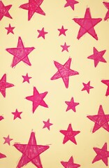 Hand drawn pink stars form playful, vibrant pattern on light yellow background. Seamless design features cheerful, whimsical, cute doodle texture. Simple, abstract graphic element, tileable for