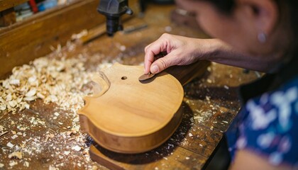 Luthier sanding the wooden body of a handmade violin in a small workshop