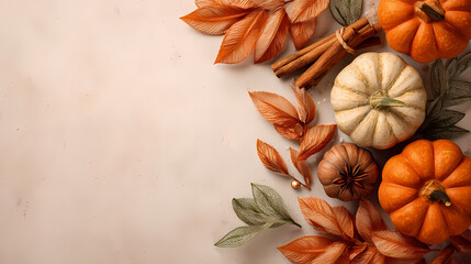Fototapeta premium Thanksgiving card on a beige background with autumn leaves and pumpkins. Empty space for headline. Nostalgic warmth,and tranquil colours reflect signs of seasons, and diversity