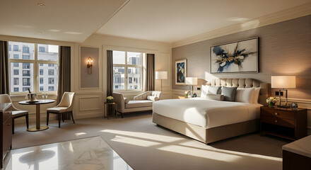 Fototapeta premium Elegant and sunlit luxury hotel suite with contemporary classic interior design and expansive city views