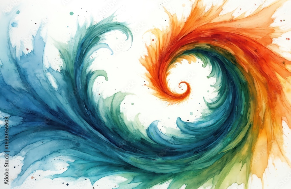 Poster Abstract watercolor illustration features dynamic spiral in blue, green, orange hues. Textured paint creates wave-like curl with vortex effect. White background with subtle splatters enhances