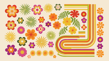 Retro flower power illustration with colorful floral elements and striped design accents set on beige