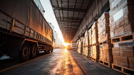 Cardboard boxes are stacked on pallets in a warehouse during sunset, while trucks are parked nearby, facilitating the loading and unloading process as daylight fades.
