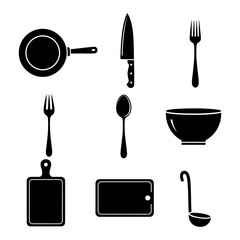 Black silhouette kitchen utensils and cookware on white background cooking food