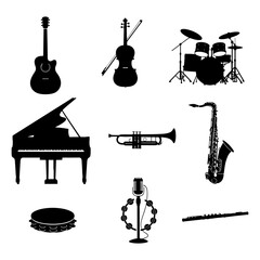 Black silhouette musical instruments including guitar violin piano drums saxophone