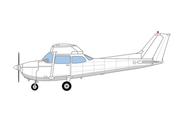 Propeller light aircraft Cessna. Single engine propelled aircraft. Airplane side view sketch. Passenger plane flying in the sky side view. Flat style vector illustration.