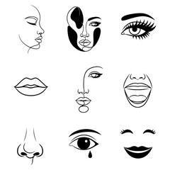 Collection of black and white abstract line art facial features and faces body part