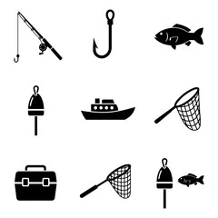 Collection of black fishing equipment icons on white background reel hook