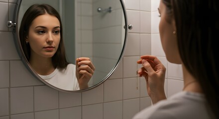 A young woman gazes intently into her reflection in a round bathroom mirror, engaged in a moment of quiet self-reflection and personal contemplation about her well-being and appearance.