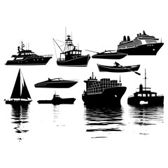 Collection of Black Ship Silhouettes on White with Water Reflections boat yacht