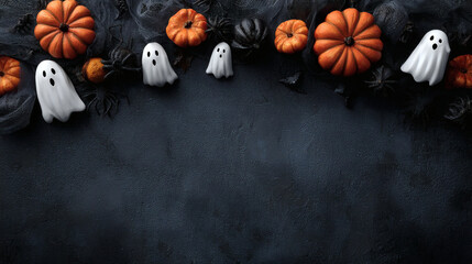 Spotlight illuminates a mystical Halloween stage with pumpkins and ghostly textures. Faded black-orange colours and lit flames are fashioned for a magical midnight gathering occasion and performance.