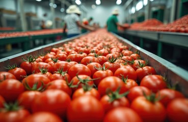 Fresh ripe red tomatoes move along factory conveyor belt for sorting, packing. Workers in food processing plant oversee automated machines ensuring quality control for distribution. Harvested produce