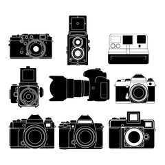 Collection of black silhouette vintage and modern cameras on white background photography