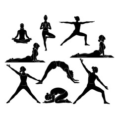 Collection of black yoga poses silhouettes on white background woman fitness