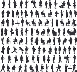 Large collection of business people silhouettes, standing and sitting, presenting, working, walking in various office poses and gestures