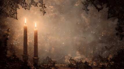 Spotlight illuminates a mystical Halloween stage on a dark background with fog,candles,bats and ghostly textures.Faded colours,lit flames are fashioned for magical midnight gathering occasion