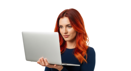 Rothaarige Frau – Laptop, transparenter Hintergrund, PNG