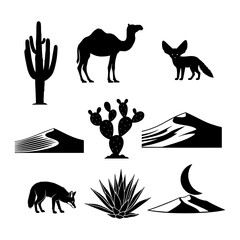 Desert animals and plants silhouettes including camel fennec fox coyote saguaro cactus aloe vera