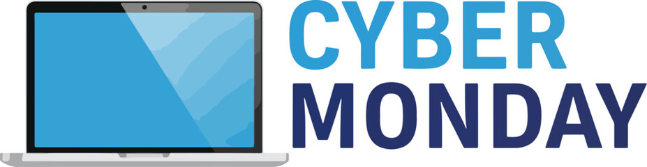 Naklejka premium A promotional banner for Cyber Monday featuring a laptop computer illustration on a white background.
