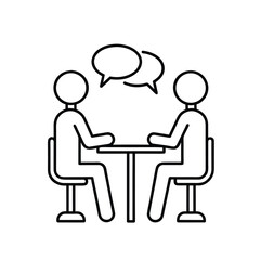 Minimalist Line Drawing of Two People Talking at a Table with Speech Bubbles