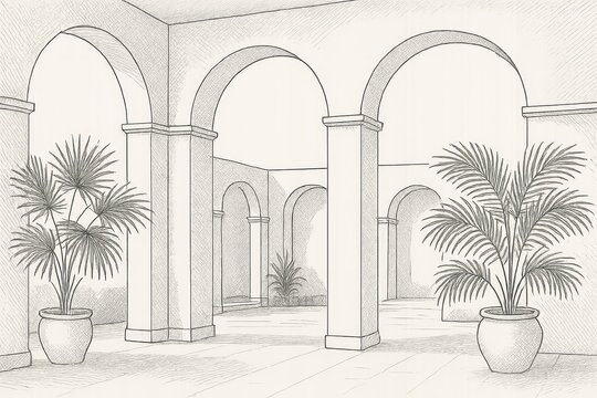 Courtyard sketch with arches and potted palms, black and white line art background for architecture and branding.