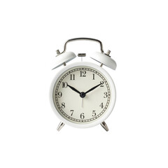 Vintage white alarm clock displays classic design with black numbers and silver accents in a minimalist style