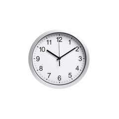 Modern wall clock displaying time in a minimalistic design with a white background and black hour and minute hands