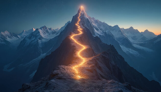 Winding illuminated path ascends majestic mountain peak, symbolizing discipline, achievement, and perseverance. Stars dot the night sky above snow-capped ranges, evoking hope and ambition.