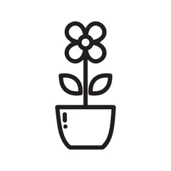 Flower with heart petals in pot, line icon. Simple outline vector illustration for love, romance, gardening, and nature. Cute plant symbol.
