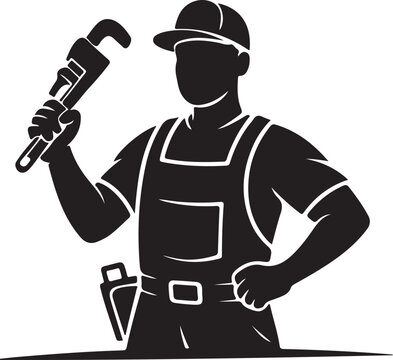 recommend clip art: Plumber holding pipe wrench silhouette vector illustration design