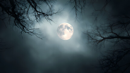 Naklejka premium Spotlight illuminates a mystical Halloween stage.Fog,tree branches,bright a full moon in the center against the dark blue sky.Faded colours are fashioned for magical midnight gathering occasion