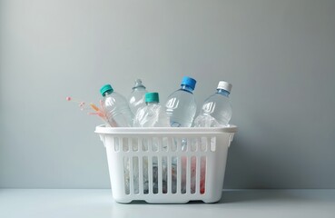 White basket filled with plastic bottles, straws against gray background. Includes waste, recycling, pollution, sustainability themes. Represents collection, disposal of polymer trash for