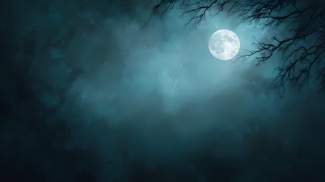 Spotlight illuminates a mystical Halloween stage.Fog,tree branches,bright a full moon in the center against the dark blue sky.Faded colours are fashioned for magical midnight gathering occasion