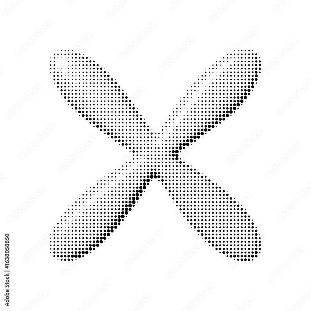 Poster abstract 3d cross shape in halftone dot style. glossy x symbol with volume and smooth texture. black