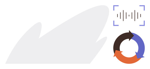 Minimalist audio waveform grid with a circular arrow diagram illustrating cyclic data flow and processing. Ideal for audio engineering, data processing, technology, automation, communication, sound