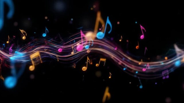 Music background with colorful musical notes on a black background. 4k video