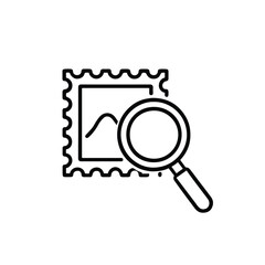 Vector art of magnifying glass over postage stamp isolated on white background