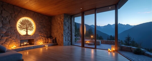Tranquil mountain retreat promotes wellness, inner peace with serene atmosphere. Features stone walls, glowing fireplace, circular tree illumination, expansive windows revealing majestic mountain