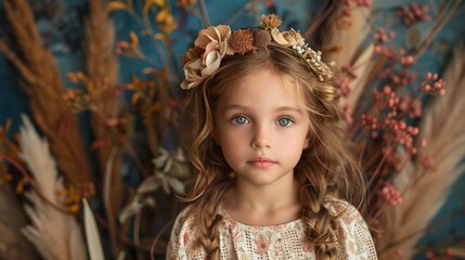 Portrait of blue-eyed girl in autumn floral scenery