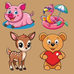 Cute Cartoon Animals Pig, Flamingo, Deer, and Bear with Heart
