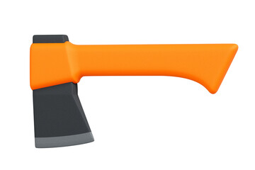 3D render of a small axe with bright orange handle and dark metal blade, side view, isolated on white background