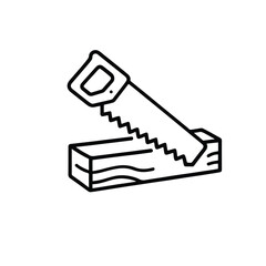 Vector art of hand saw cutting a piece of wood isolated on white background