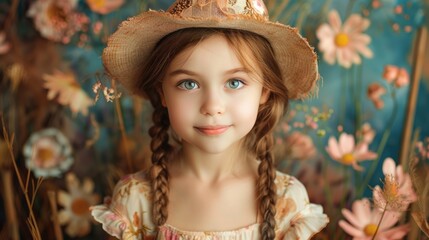 Portrait of a girl in a hat against retro floral background