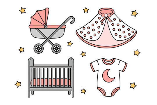 Cute baby essentials collection with stroller crib and clothing